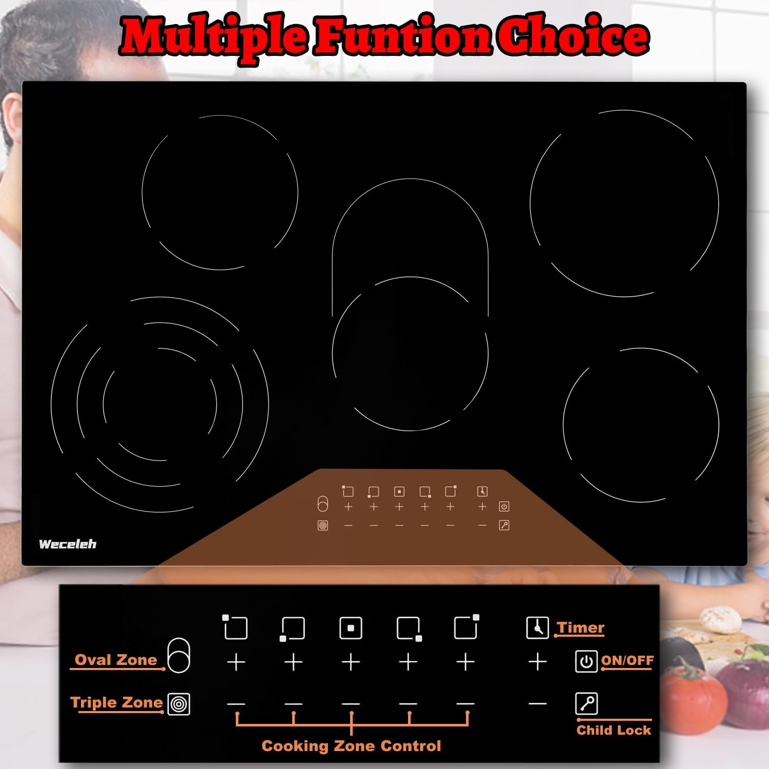 Electric Cooktop 30 Inch 5 Burners, Electric Stove Top 30 Inch, Glass Flat Top Ceramic Cooktop Stove, Built-In, Timer, Child Lock, 9 Power Levels, Black, 220-240V(No Plug), 8500W