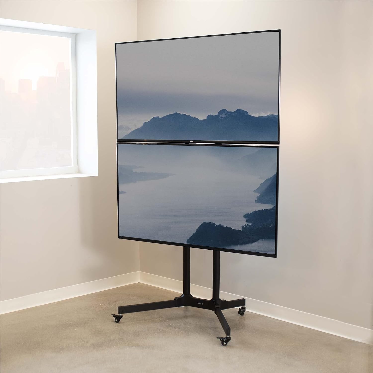 VIVO Mobile TV Cart for 32 to 65 inch Dual Screens up to 70 lbs Each, LCD LED OLED 4K Smart Flat and Curved Panels, Rolling Stand for 2 TV's, Locking Wheels, Max VESA 600x400, Black, STAND-TV03E2