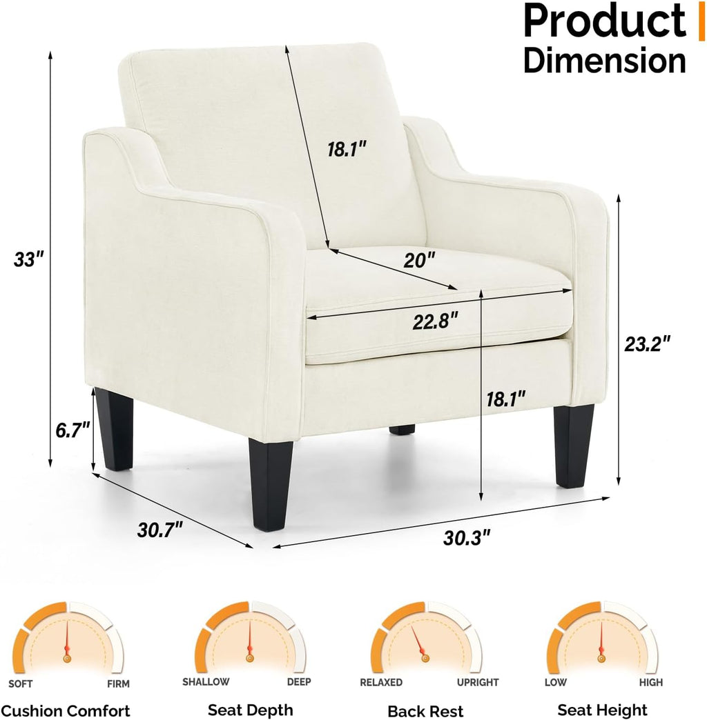 VINGLI Living Room Chairs White Accent Chair Soft Chenille Comfy Arm Chair Mid Century Modern Sofa Chair for Small Spaces Bedroom, Home Offfice, Apartment, Lounge (Creamy White)