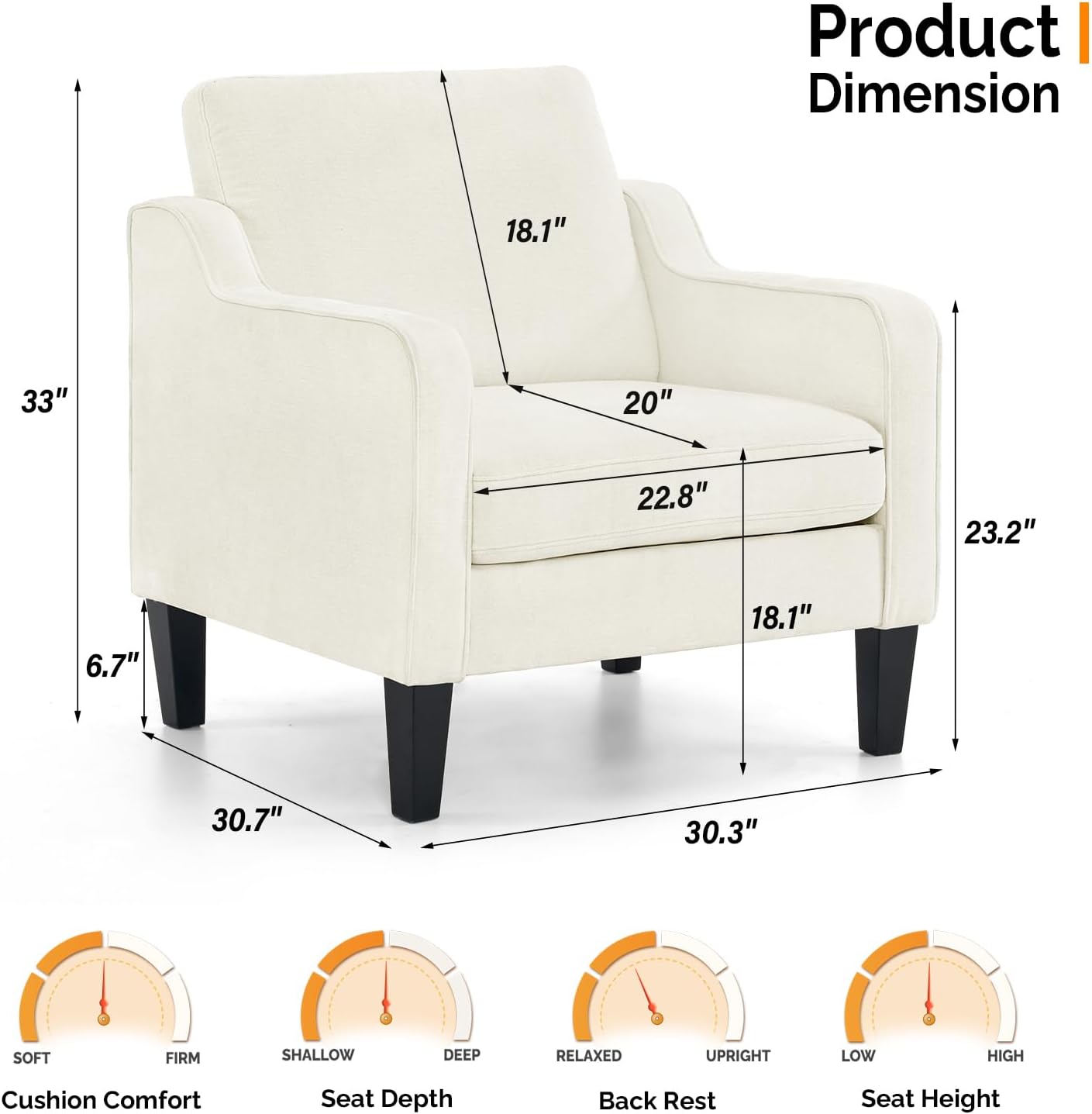 VINGLI Living Room Chairs White Accent Chair Soft Chenille Comfy Arm Chair Mid Century Modern Sofa Chair for Small Spaces Bedroom, Home Offfice, Apartment, Lounge (Creamy White)
