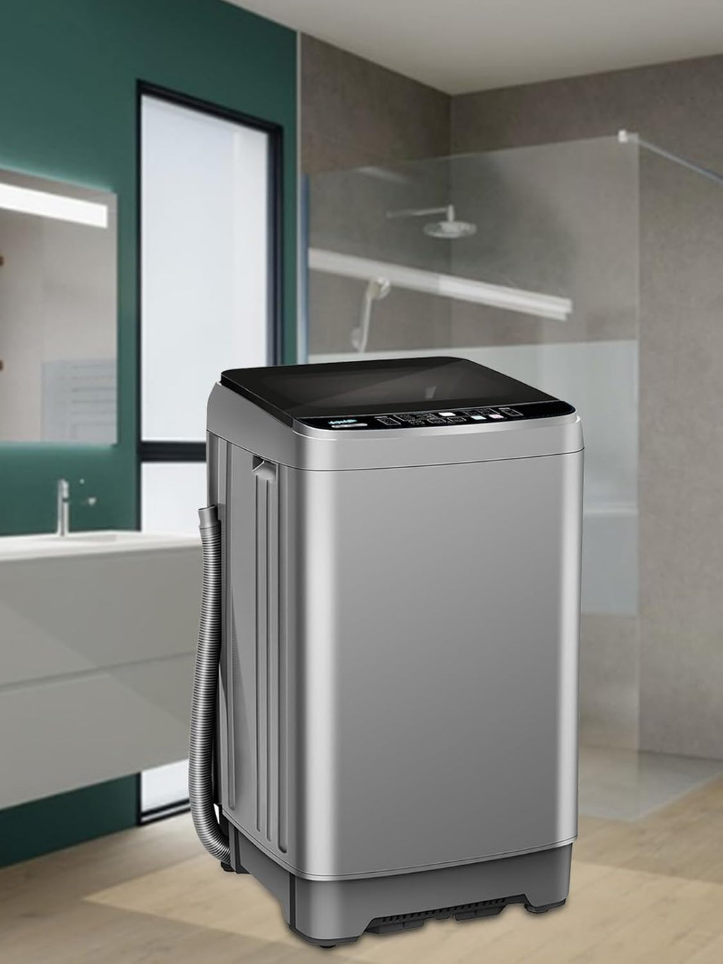 KRIB BLING 25 lbs Full Automatic Washing Machine with LED Display, Portable Washer Drain Pump, Come with a Glass Cover, 8 Programs & 8 Water Levels Selections, Ideal for Camping, Apartment, Dorm, Grey