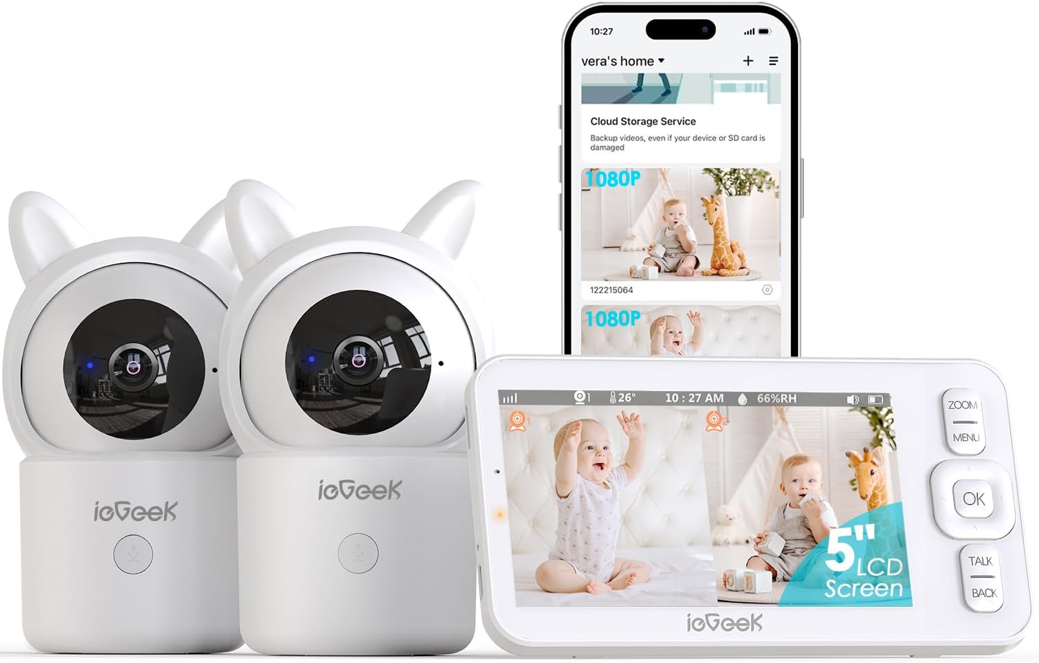 ieGeek Baby Monitor with 2 Cameras, 5' Screen & 1080P Cameras & Free Smart App Split Screen Dual Baby Monitor, Upgraded Night Vision/PTZ/2-Way Audio/Auto Tracking Detection Notification and Alert