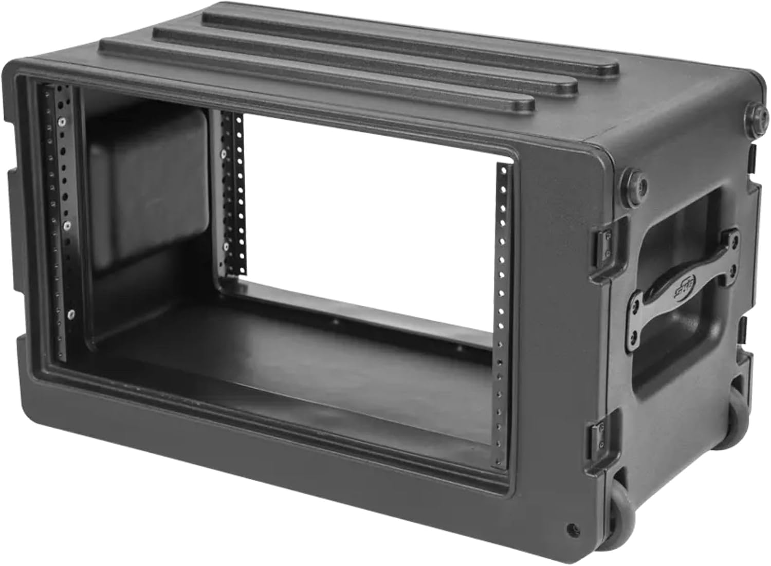 SKB 6U rSeries Shallow Rolling Rack with Integrated Back Wheels and 1-Touch Pull Handle, Comes with 8 Rack Units and Interlocking Molded Stacking Bars