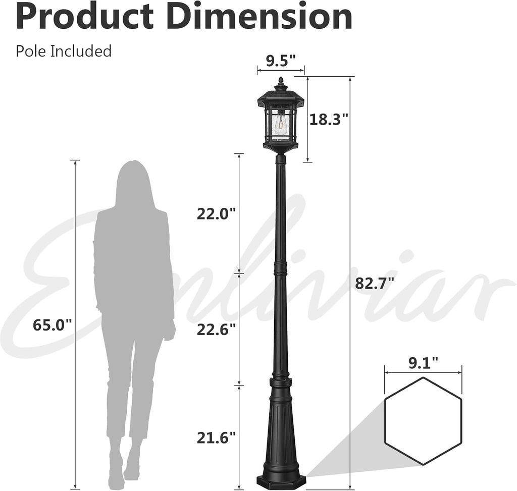 Emliviar 82' Solar Street Lamp Outdoor, LED Dusk to Dawn Pole Solar Light with Remote Control, Waterproof Post Lighting with Seeded Glass, A2202110PL-SL BK