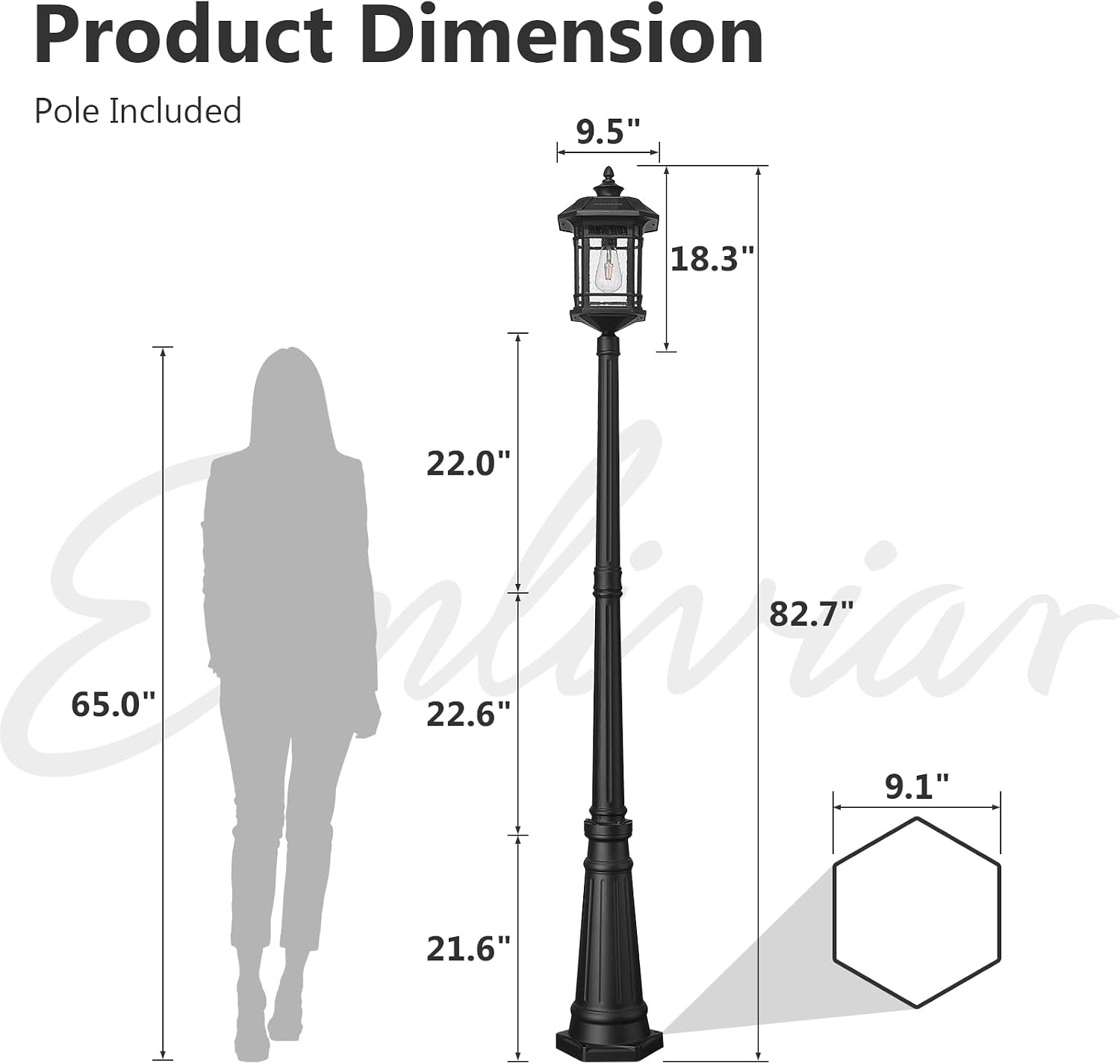 Emliviar 82' Solar Street Lamp Outdoor, LED Dusk to Dawn Pole Solar Light with Remote Control, Waterproof Post Lighting with Seeded Glass, A2202110PL-SL BK