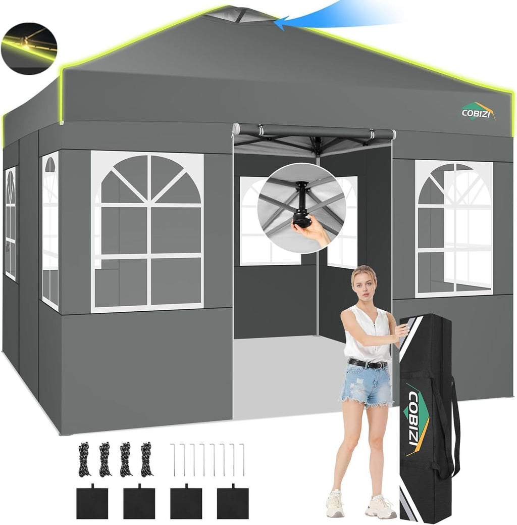 COBIZI 10x10 Pop Up Canopy Tent, Outdoor Party Tent with 4 Sidewall One Push Setup Glow, 3 Adjustable Height Air Vent Waterproof UPF50+, Bag, 4 Sandbag, 8 Stake, 4 Rope for Beach, Commercial