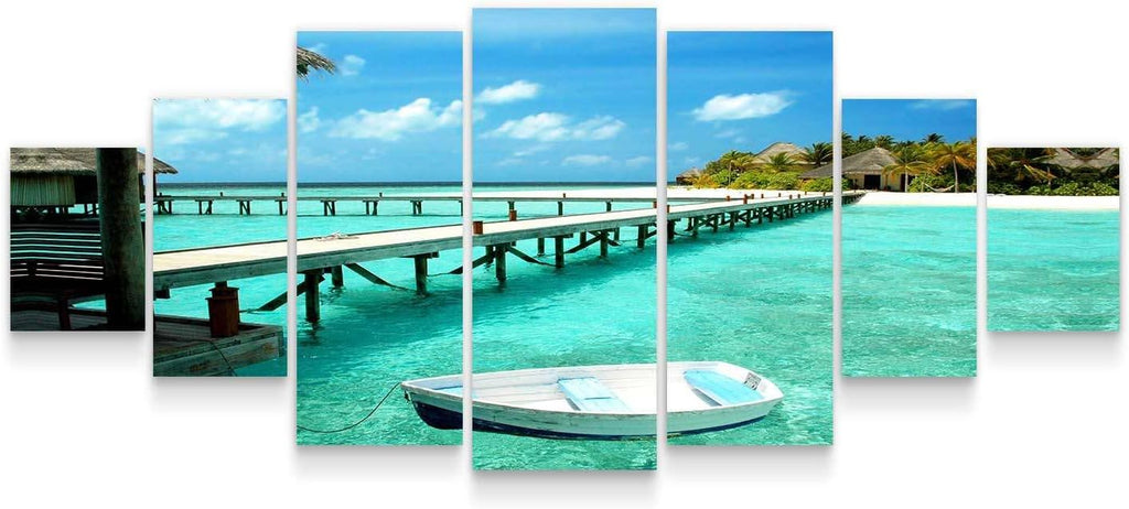 Startonight Large Canvas Wall Art Beach - White Boat at the Shore - Huge Framed Modern Set of 7 Panels 40' x 95'