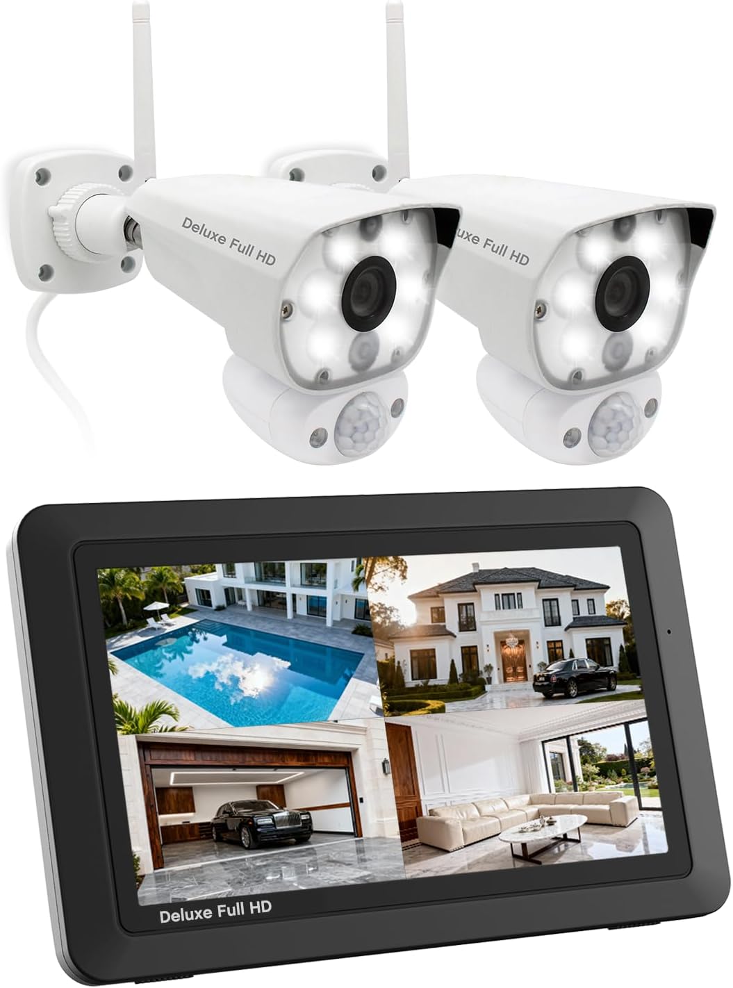 CasaCam Deluxe Wireless Security Camera System | 2 1080p Floodlight Cameras and one 7' Touchscreen Monitor | AC Powered, Two-Way Audio, Free APP, 32GB SD Card and Battery Installed, Model VS5002