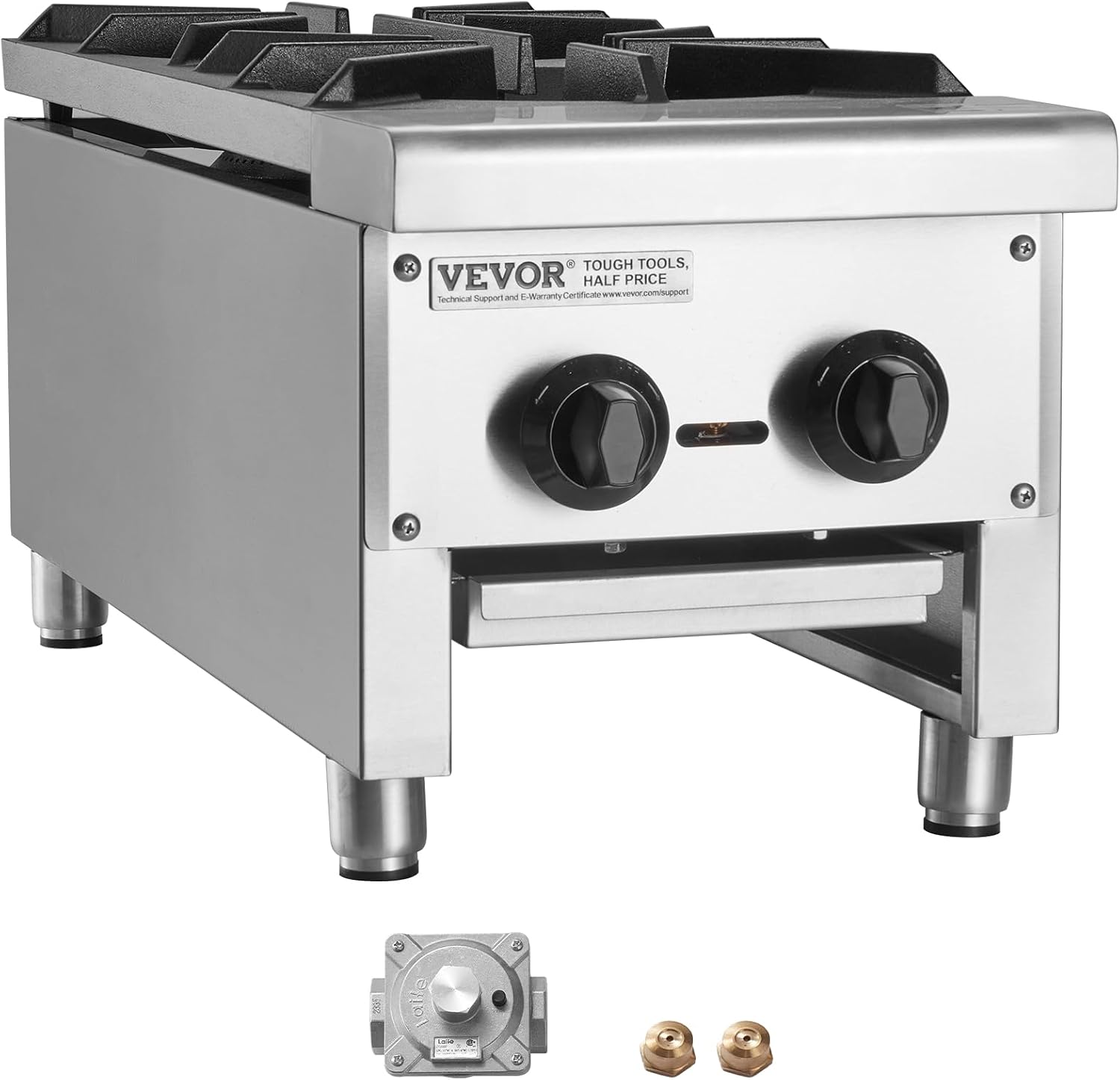VEVOR Commercial Gas Stove with 2 Burners, Propane and Natural Gas Countertop Cooking Stove Range, Stainless Steel Gas Hot Plate, Commercial Cooking Equipment for Restaurant, 56,000 BTU