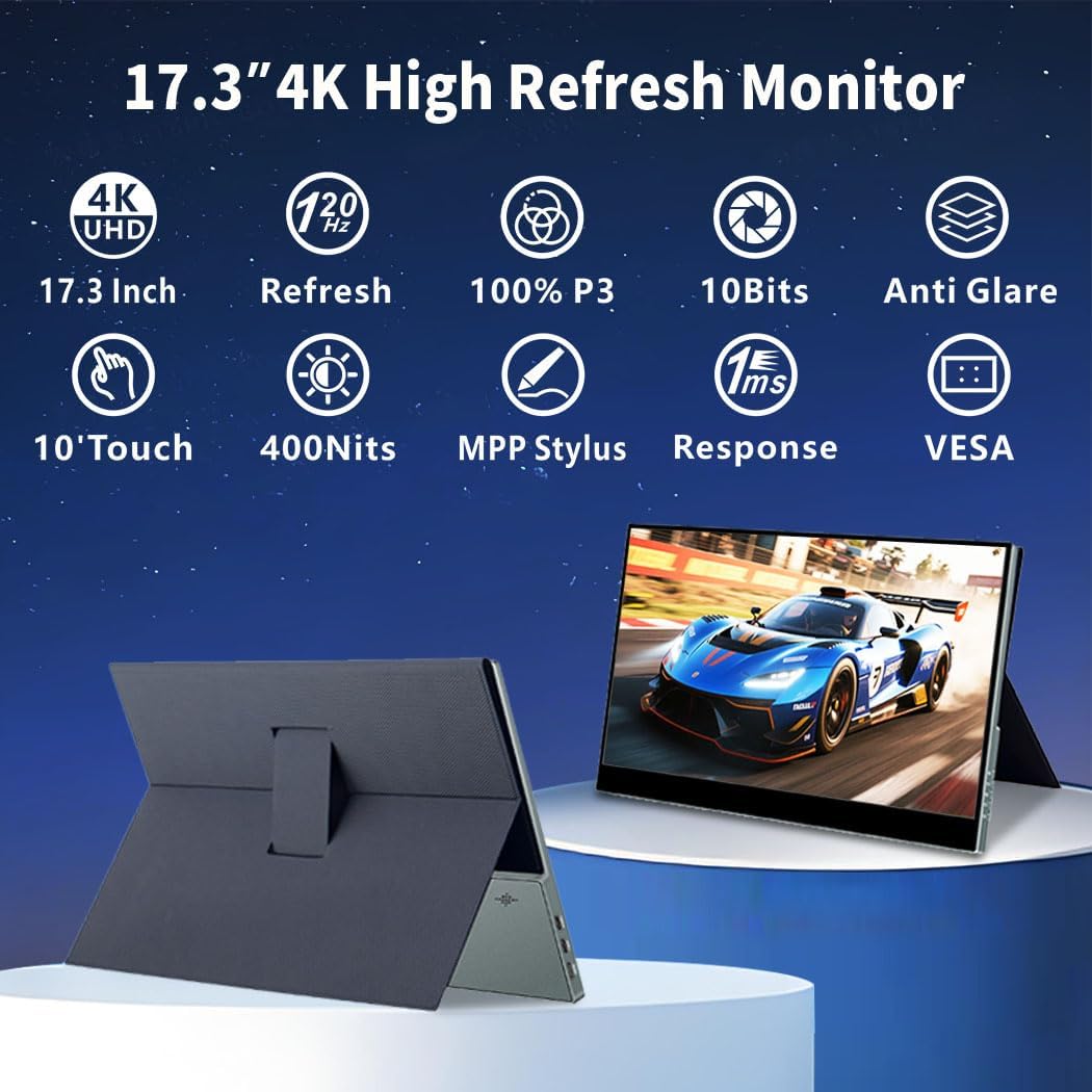 Portable Monitor 4K 120Hz,17.3 Inch Touchscreen Dispaly,100% P3，Support MPP Stylus,VESA & Smart Cover Anti-Glare Eye Care Gaming Monitor for Console,Laptop,Mac,PC