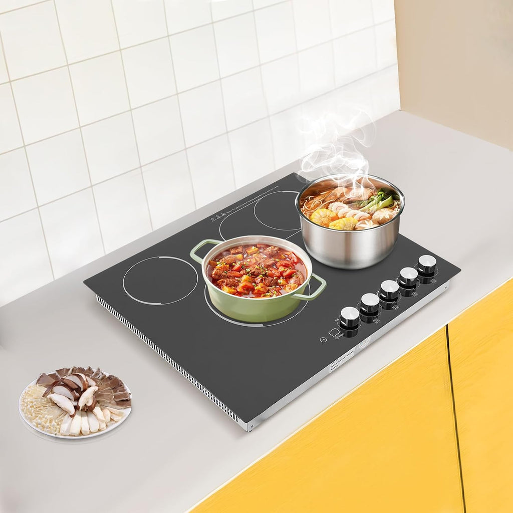 Electric Cooktop 24 Inch, 3400W Drop-in 4 Burner Electric Stovetop in Black with 5 Power Levels, 0-99 Minute Timer, Child Safety Lock, 110V - 23.62x20.08x3.94in(No Plug)
