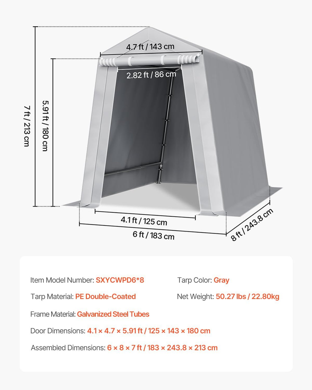 VEVOR 6x8x7 FT Heavy-Duty Portable Outdoor Storage Shed Tent, Waterproof Carport Garage Shelter with Roll-Up Zipper Door & Vents, UV-Resistant Canopy for Motorcycle, Bike, Lawn Mower, Tools, Gray
