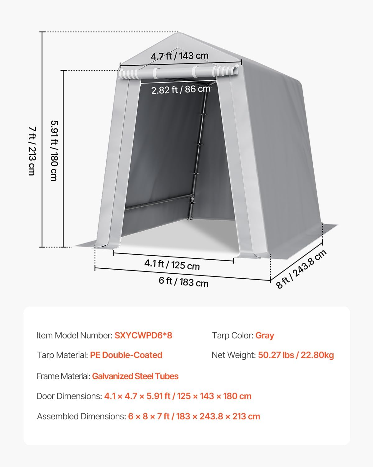 VEVOR 6x8x7 FT Heavy-Duty Portable Outdoor Storage Shed Tent, Waterproof Carport Garage Shelter with Roll-Up Zipper Door & Vents, UV-Resistant Canopy for Motorcycle, Bike, Lawn Mower, Tools, Gray