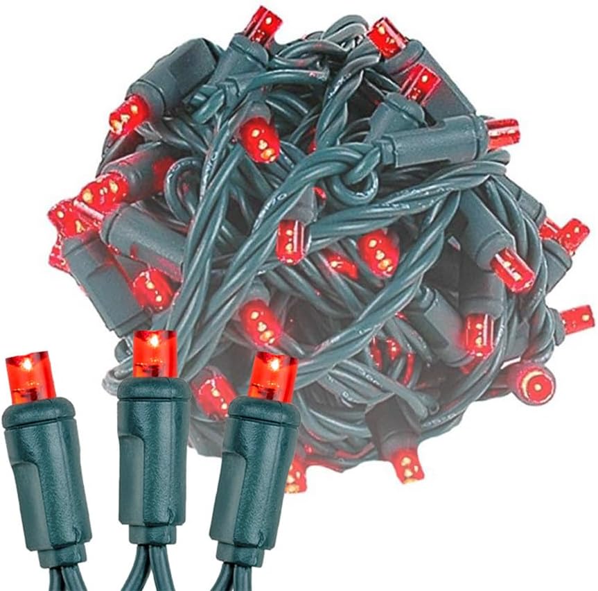 Novelty Lights 24-Pack, 25 Feet 50 LED Red Christmas Mini Light String on Green Wire, 5mm Wide Angle Bulbs, Connectable, Indoor/Outdoor Decor, UL Listed