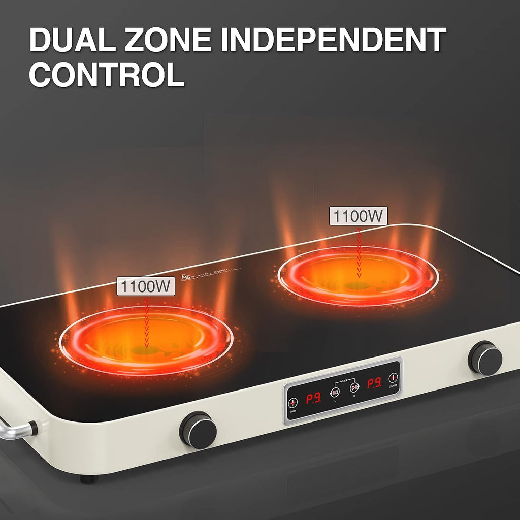 Electric Cooktop, Portable Electric Stove 110V 2 Burners 9 Heating Levels with 2 Handle, 2200W Knob Control Child Safety Lock & Timer (Portable)