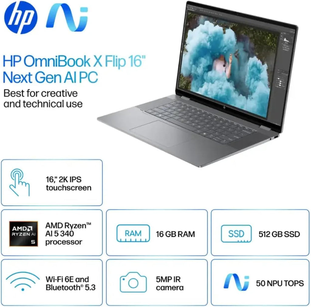 HP 2025 Envy 2-in-1 Laptop, OmniBook X Flip 16' FHD+ Touch, Copilot+ PC, AMD Ryzen AI 5 340 (8-Core), 16GB RAM, 512GB SSD, AMD Radeon 840M, 21H Battery, Win 11 W/Stylus Pen