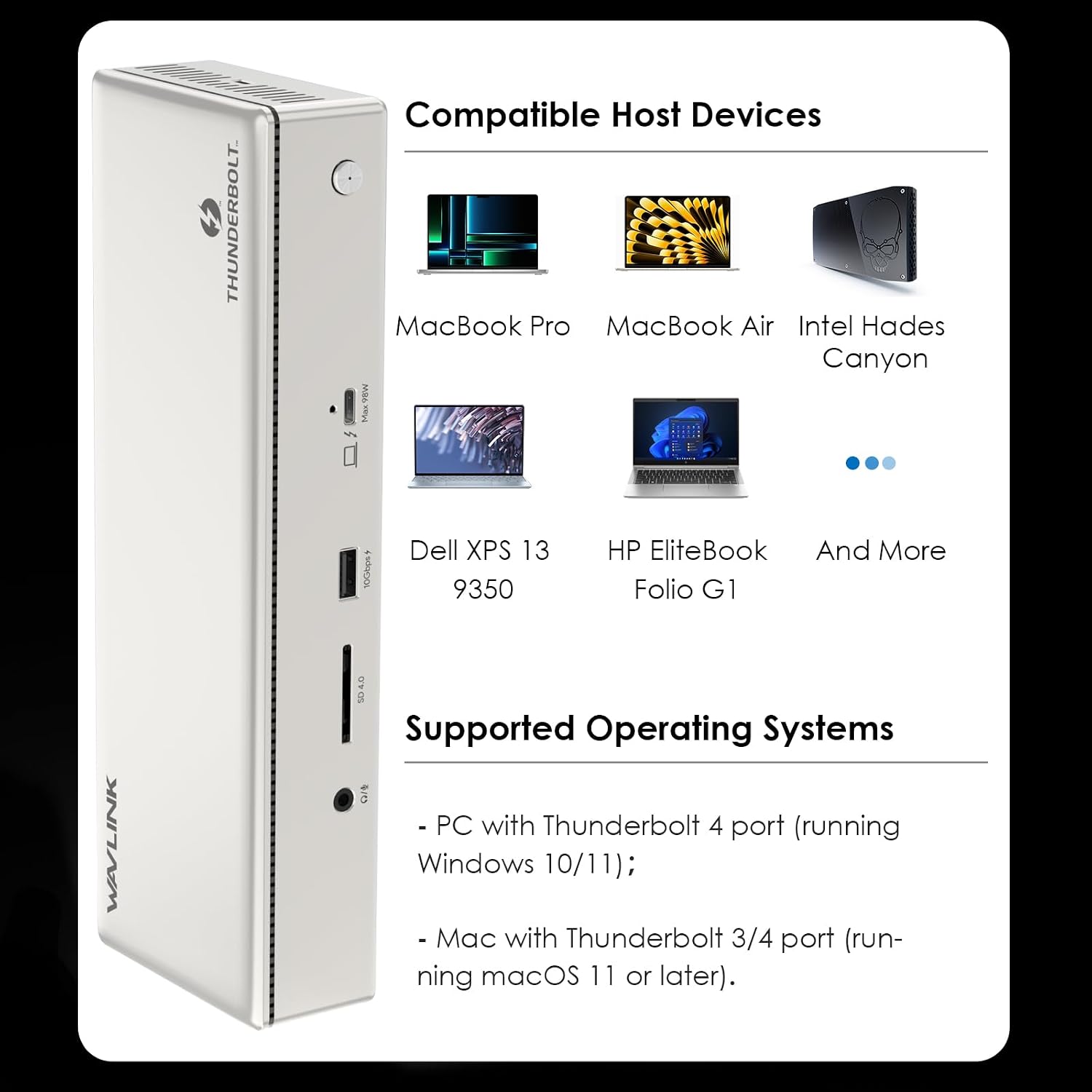 WAVLINK Thunderbolt 4 Dock with 100W Charging, Displaylink Docking Station Quad 4K@60Hz Monitor,3 Thunderbolt 4 Ports, 2.5G Ethernet, Thunderbolt Dock for Mac M1-M4 and PC,Displaylink Driver Required