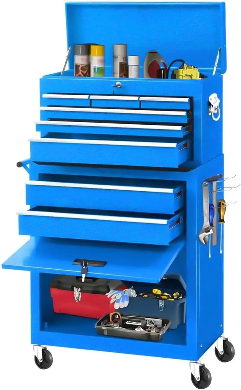 Tool Box Portable Rolling Tool Chest with Detachable Top Box and Lockable Wheels | Heavy Duty Tool Cabinet with Drawer Liners, for Garage, Warehouse & Repair Shop Tool Storage(Blue)