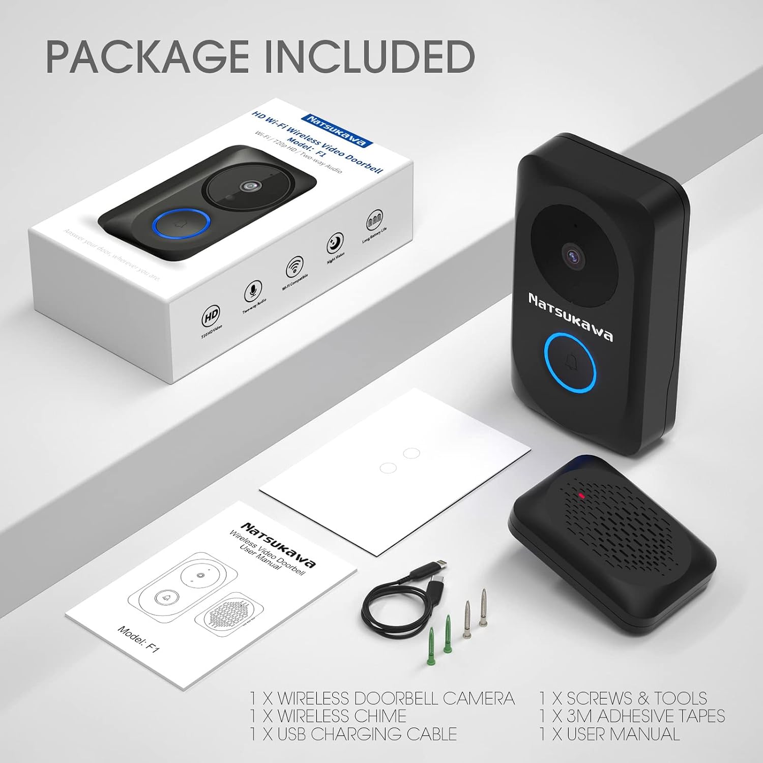 NATSUKAWA Doorbell Camera Wireless - Smart WiFi Video Doorbell with Chime- App Alerts, IP65, Night Vision, 2 Way Audio, Powered Smart Security Camera Video Wireless Doorbell for Home, Easy Install