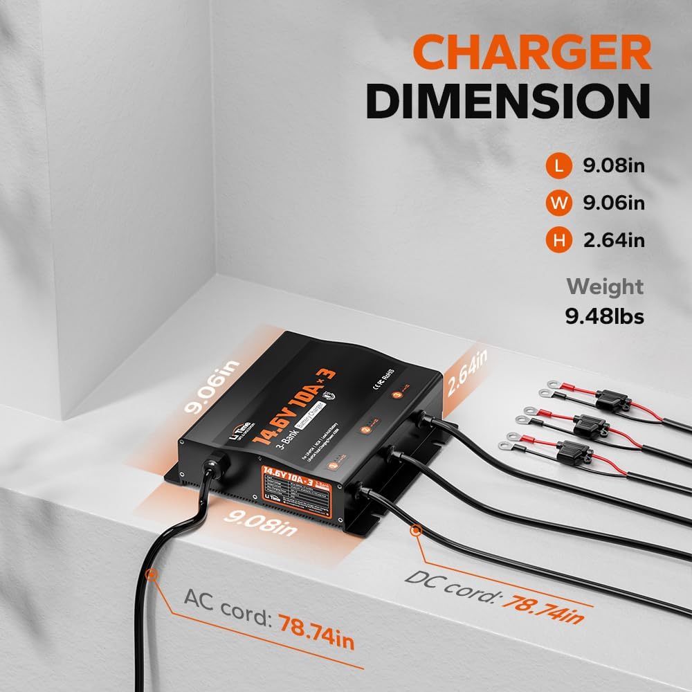 LiTime 3-Bank 10A (10A/Bank) Smart Battery Charger, 14.6V LiFePO4 Battery Charger AC-DC Charger with Fuse, LED Indicator for RV, Boat, Motorcycle, Lawn Mower, Trolling Motor and Lead Acid Battery