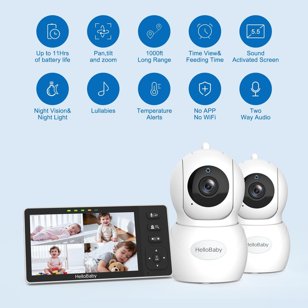 HelloBaby Baby Monitor with 2 Cameras, 5.5' 720P HD No WiFi Audio Display Split Screen, Dual 1080P Cameras, Pan-Tilt-Zoom, 2-Way Talk, Night Vision, 4000mAh Battery, Clock & Timer, Wide View