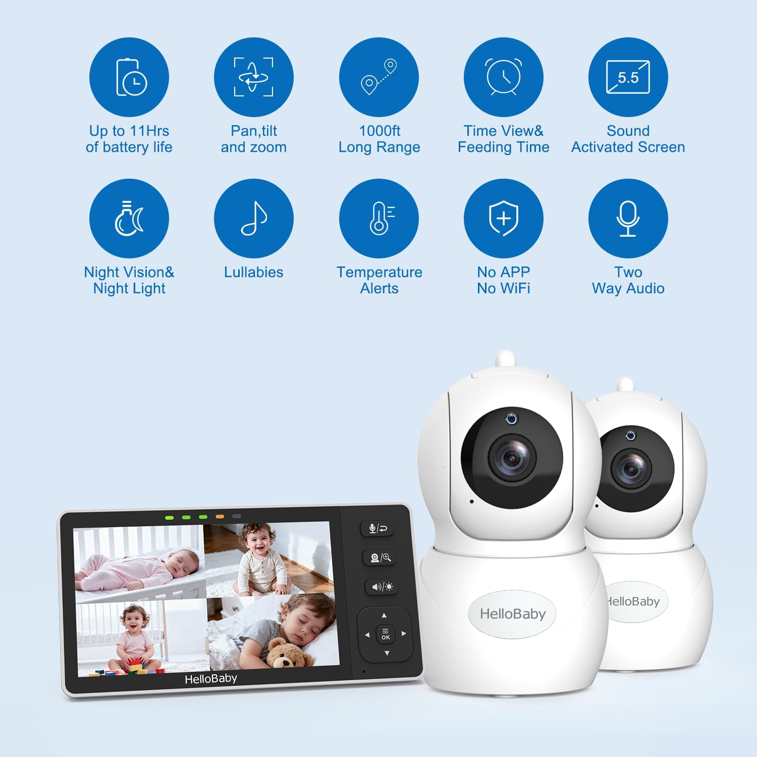 HelloBaby Baby Monitor with 2 Cameras, 5.5' 720P HD No WiFi Audio Display Split Screen, Dual 1080P Cameras, Pan-Tilt-Zoom, 2-Way Talk, Night Vision, 4000mAh Battery, Clock & Timer, Wide View
