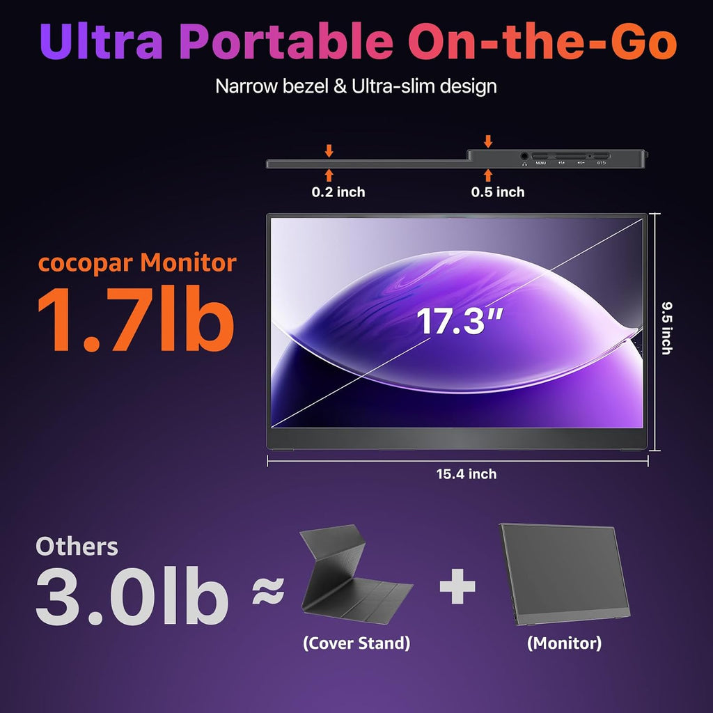 cocopar Portable Monitor 17.3 Inch 4K UHD 60Hz 150% sRGB Travel Monitor with Speaker HDMI USB-C Second Screen for Laptop MacBook Surface PC Xbox PS4/5, VESA Mountable, with Kickstand