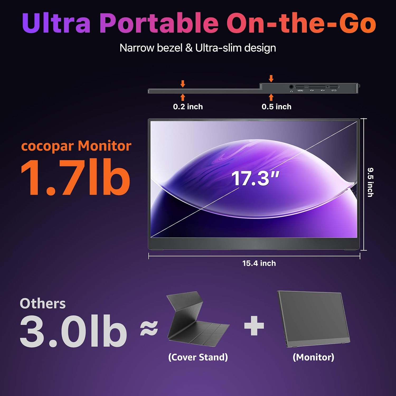 cocopar Portable Monitor 17.3 Inch 4K UHD 60Hz 150% sRGB Travel Monitor with Speaker HDMI USB-C Second Screen for Laptop MacBook Surface PC Xbox PS4/5, VESA Mountable, with Kickstand