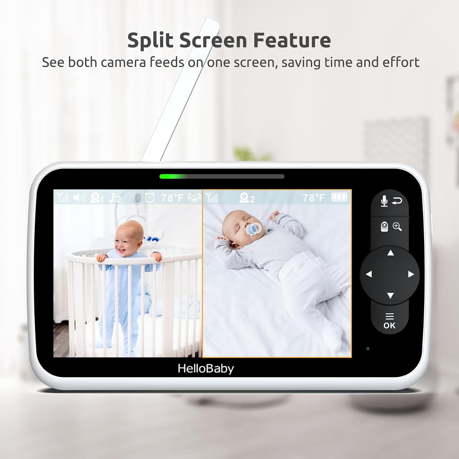 HelloBaby Video Baby Monitor with Upgraded 6' IPS Large Screen, Split Screen with 2 Cameras, Night Vision and Temprature Monitoring, Remote Pan-Tilt-Zoom Camera, No-WiFi