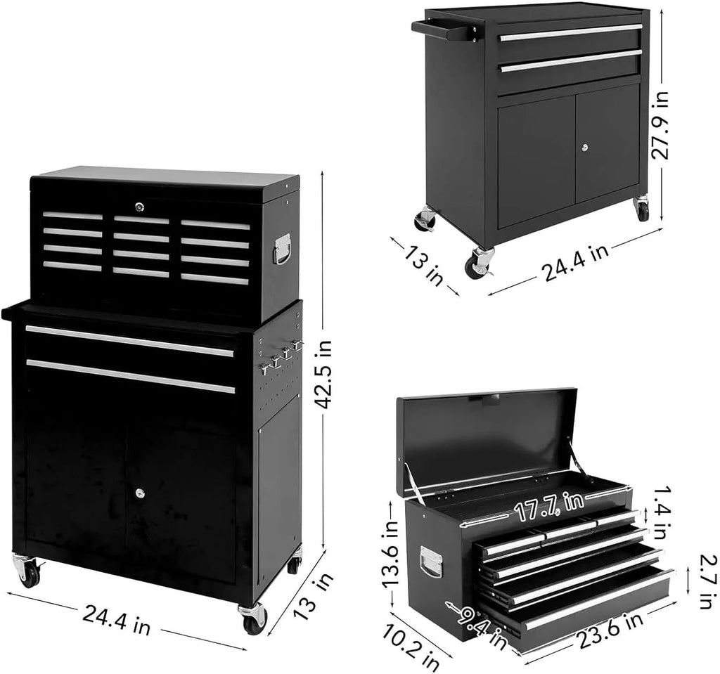 Tool Box Rolling Tool Chest with 8 Drawers and Detachable Top Tool Box, Mobile Steel Tool Storage Organizer, Tool Chest on Wheels for Warehouse&Workshop, Side Hooks & Drawer Liners Tool Storage