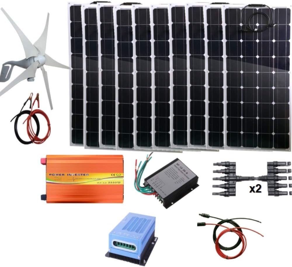 1.4Kw Wind Solar Power(1400W Hybrid System): 400W Wind Turbine Generator & 10pcs 100W Bendable Solar Panels & 3000W Off Grid Inverter & MPPT Controller & Accessories Home Boat RV