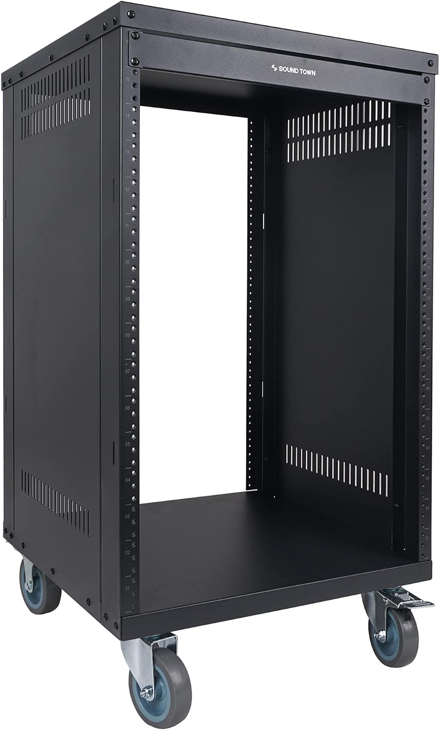 Sound Town 16U Universal Steel Rack, w/Mesh Doors, Locking Casters, Vented Side Panels for Audio Video, Server and Network Equipment (STRK-M16UWD)