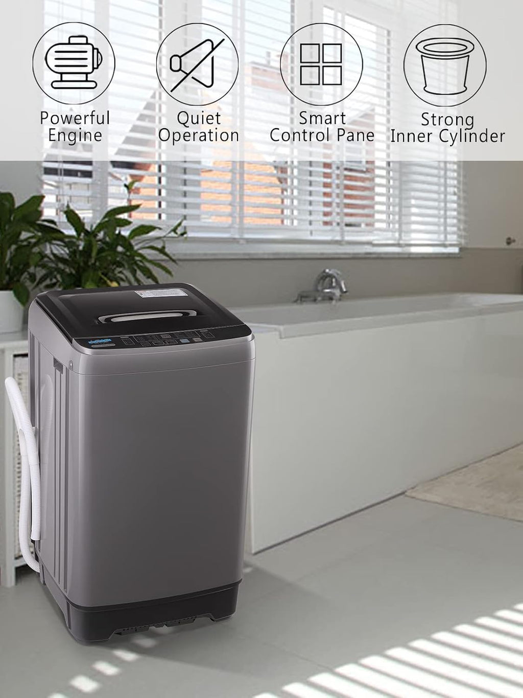 KRIB BLING Full-Automatic Washing Machine with Drain Pump, 17.7 lbs Compact Washer, 10 Wash Program & 8 Water Level, Ideal for Apartment, Dorm, Grey