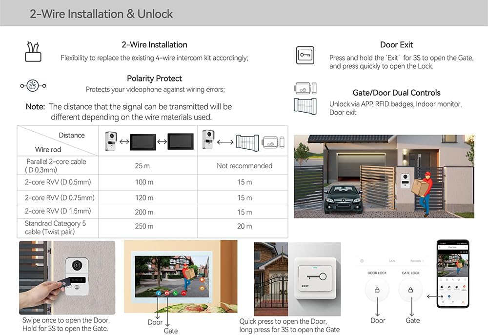 2pin-Wired 2MP HD Indoor 7' WiFi Monitor Smart Home Video Doorbell Intercom System, Remote APP Phone Unlock Video Record Motion Detect 2-Way Talk IR Camera Door Bell 1x doorbell + 1x 7in Monitor