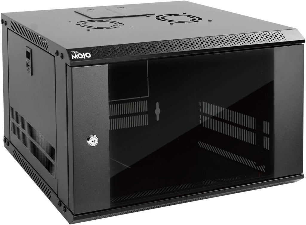 Tecmojo 6U Wall Mount Server Cabinet IT Network Rack Enclosure Lockable Door and Side Panels Black, Cooling Fan, Standard Glass Door, 450mm Depth, for 19' IT Equipment, A/V Devices
