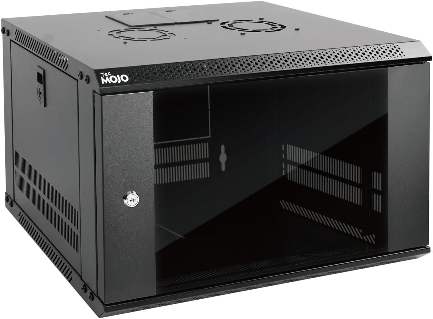 Tecmojo 6U Wall Mount Server Cabinet IT Network Rack Enclosure Lockable Door and Side Panels Black, Cooling Fan, Standard Glass Door, 450mm Depth, for 19' IT Equipment, A/V Devices
