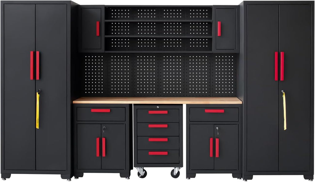 Garage Cabinet Storage System - 9-Piece Workshop Set w/Steel Cabinets & Workbench Includes Rolling Chest & Pegboard Heavy-Duty Black & Red Tool Organization for Garage/Workshop