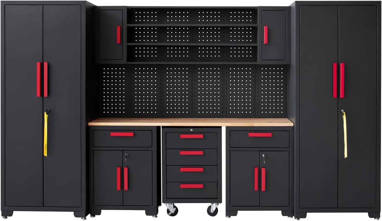 Garage Cabinet Storage System - 9-Piece Workshop Set w/Steel Cabinets & Workbench Includes Rolling Chest & Pegboard Heavy-Duty Black & Red Tool Organization for Garage/Workshop