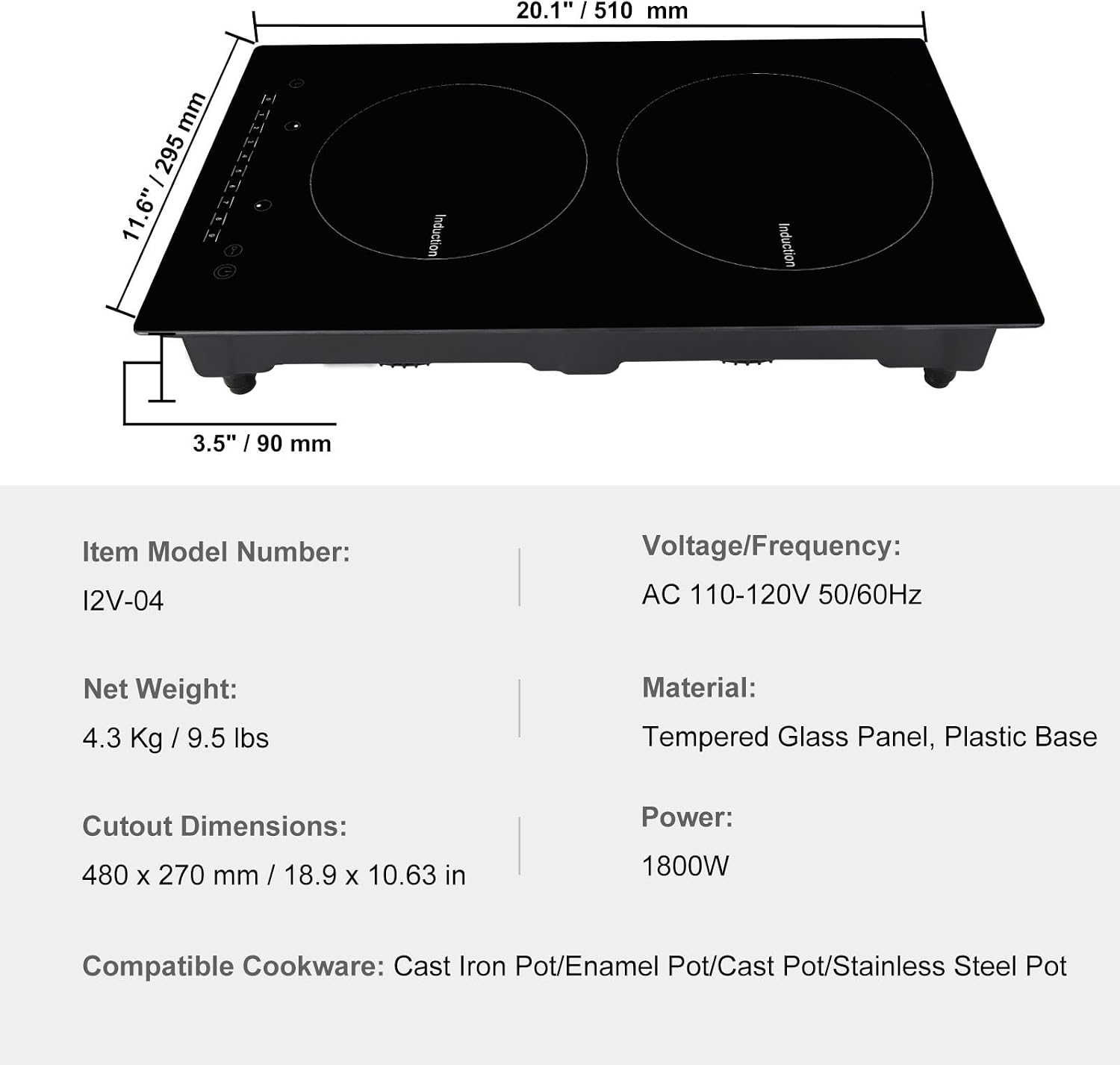 Happybuy Electric Cooktop, 2 Burners, 12'' Induction Stove Top, Built-in Magnetic Cooktop 1800W, 9 Heat Levels, LED Touch Control with Child Lock & Overheat Protection