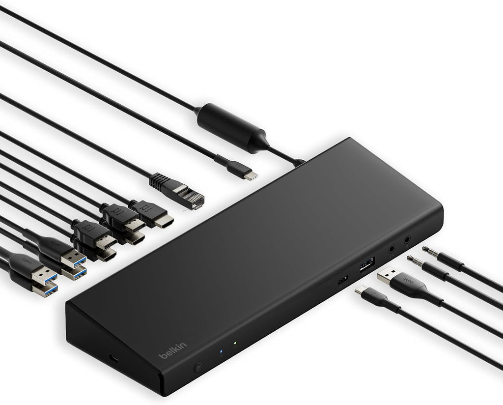 Belkin 15-in-1 Universal Triple Display DisplayLink Docking Station Hub w/ 3 HDMI Ports, 2 DisplayPorts for Triple 4K Display w/ 85W PD, 3.5mm Mic/Speaker, 1 USB-C, & 5 USB-A Ports, Black