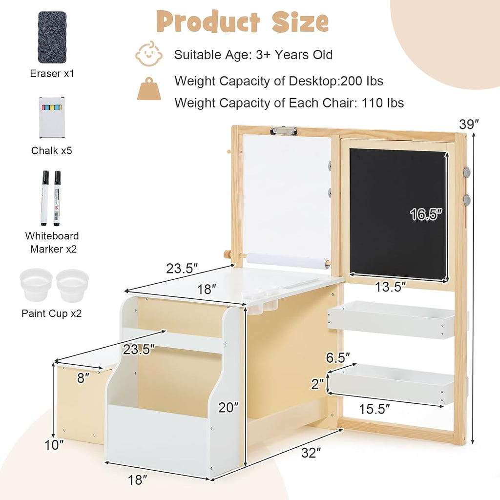 INFANS 3 in 1 Kids Art Table and Chair Set, Toddler Craft and Play Wood Activity Desk with Double-Sided Easel Blackboard Whiteboard, Paper Roll for Writing, Children Furniture for Daycare Nursery