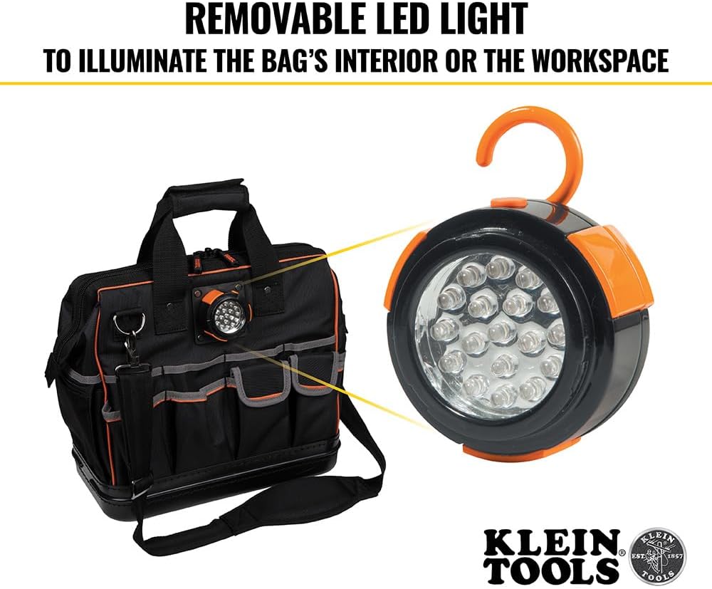 Klein Tools 55431 Tool Bag with Molded Bottom, Padded Shoulder Strap and Lighted Tool Storage with 31 Pockets
