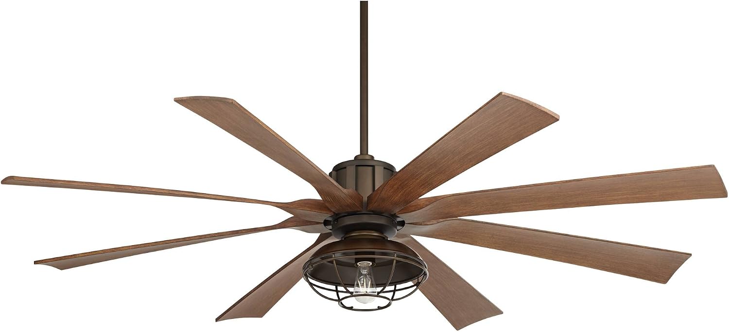 Possini Euro Design 70' Defender Modern Industrial Outdoor Ceiling Fan with LED Light Remote Control Oil Rubbed Bronze Brown Koa Cage Damp Rated for Patio Exterior House Home Porch Gazebo Garage