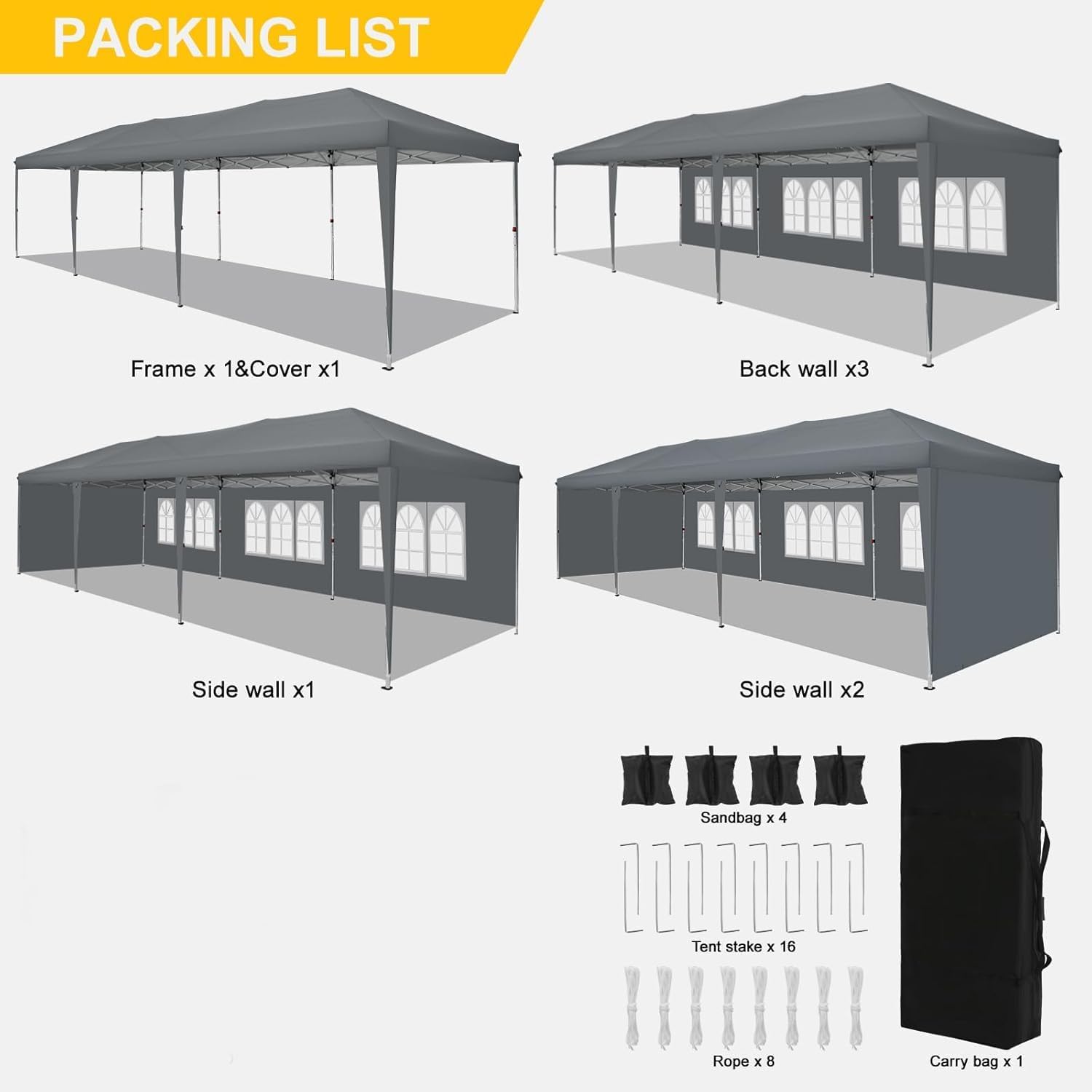 COBIZI 10x30 Pop Up Canopy Tent with 5 Sidewalls Party Tents for Parties Wedding Backyard Waterproof Outdoor Commercial Canopy Event with Sandbags, Gray
