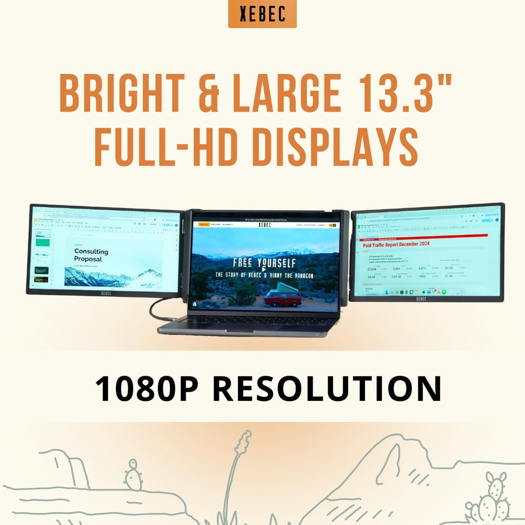 Xebec Tri-Screen 3 for Mac | Laptop Screen Extender with DisplayLink Adapter Included | Two 13.3 Inch Displays | Single Cable Connection | Portable Laptop Monitor for MacBook | Travel Case Included