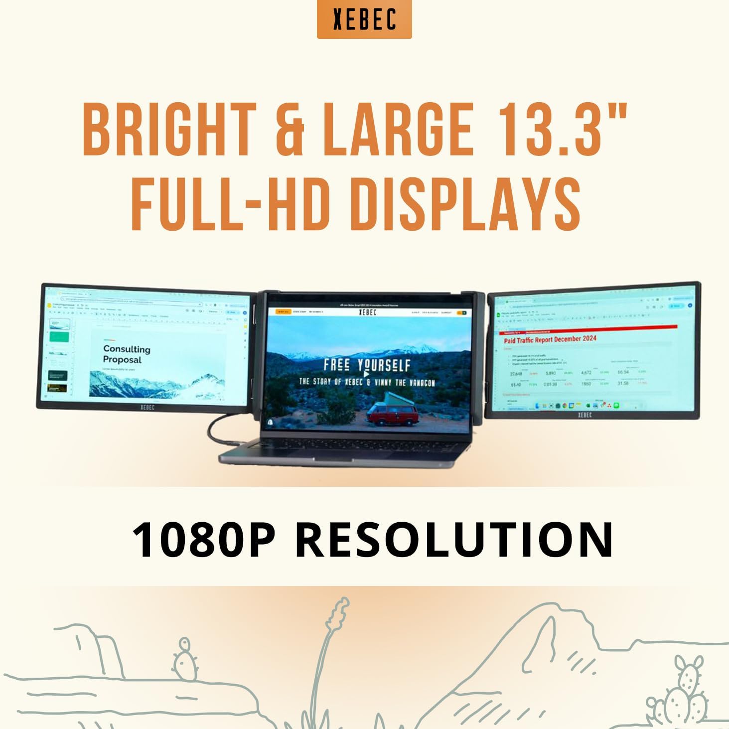 Xebec Tri-Screen 3 for Mac | Laptop Screen Extender with DisplayLink Adapter Included | Two 13.3 Inch Displays | Single Cable Connection | Portable Laptop Monitor for MacBook | Travel Case Included