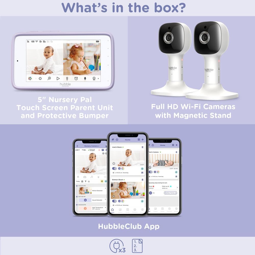 Hubble Connected Nursery Pal Cloud Touch Twin Smart WiFi Enabled Baby Monitor with 2 Cameras, 5 Inch HD Color Touchscreen Parent Unit, Plus Preloaded Soothing Sounds, Lullabies, and Stories, White