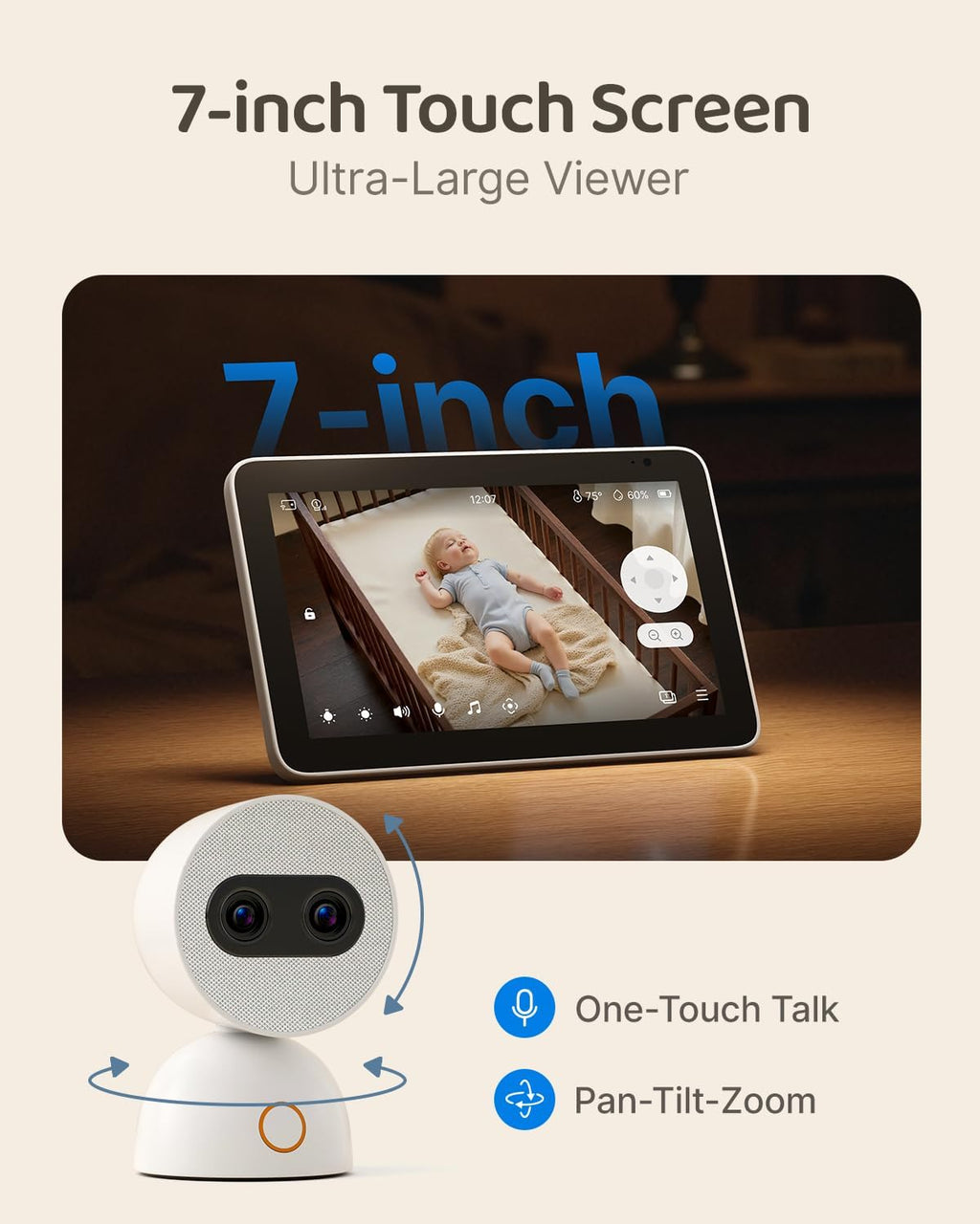 Simsky Baby Monitor with 2 Cameras, 7' UHD Split-Screen Touch Display | 4MP Dual Cameras with Wall Mount, 6X Zoom | AI Detection, App Remote Access, 32GB Local Storage, Hack-Proof Encryption