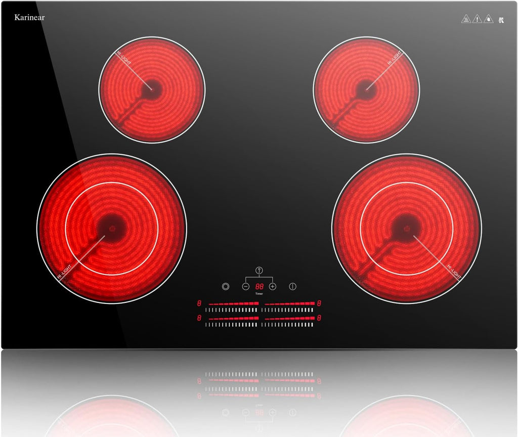 Karinear 4 Burner Electric Cooktop 30 Inch, 240V Radiation Stove Top 30 Inch Built-in Install, 7100W Electric Ceramic Cooktop with Slide Control, Timer, Child Safety Lock, Expandable Burner(No Plug)