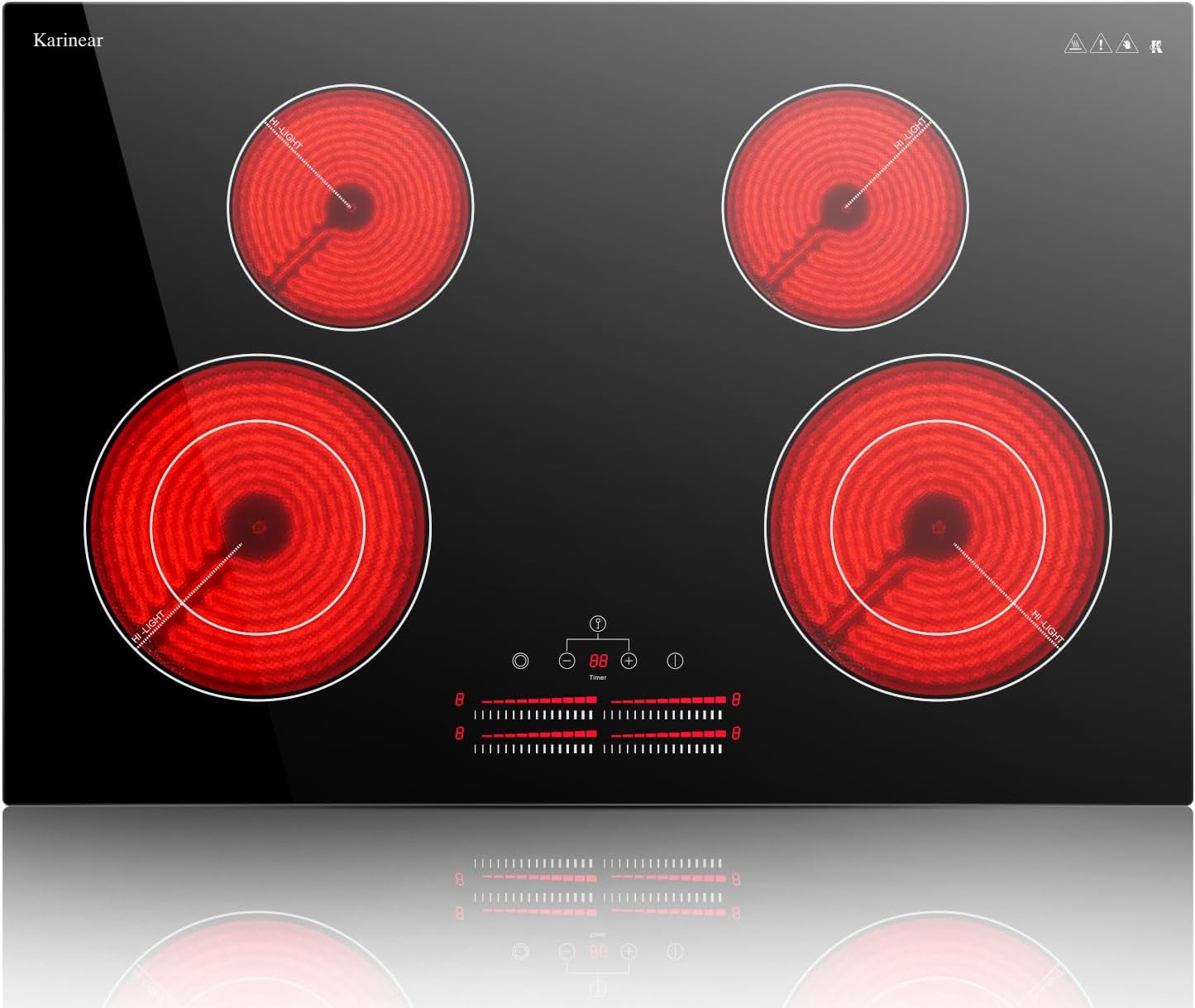 Karinear 4 Burner Electric Cooktop 30 Inch, 240V Radiation Stove Top 30 Inch Built-in Install, 7100W Electric Ceramic Cooktop with Slide Control, Timer, Child Safety Lock, Expandable Burner(No Plug)